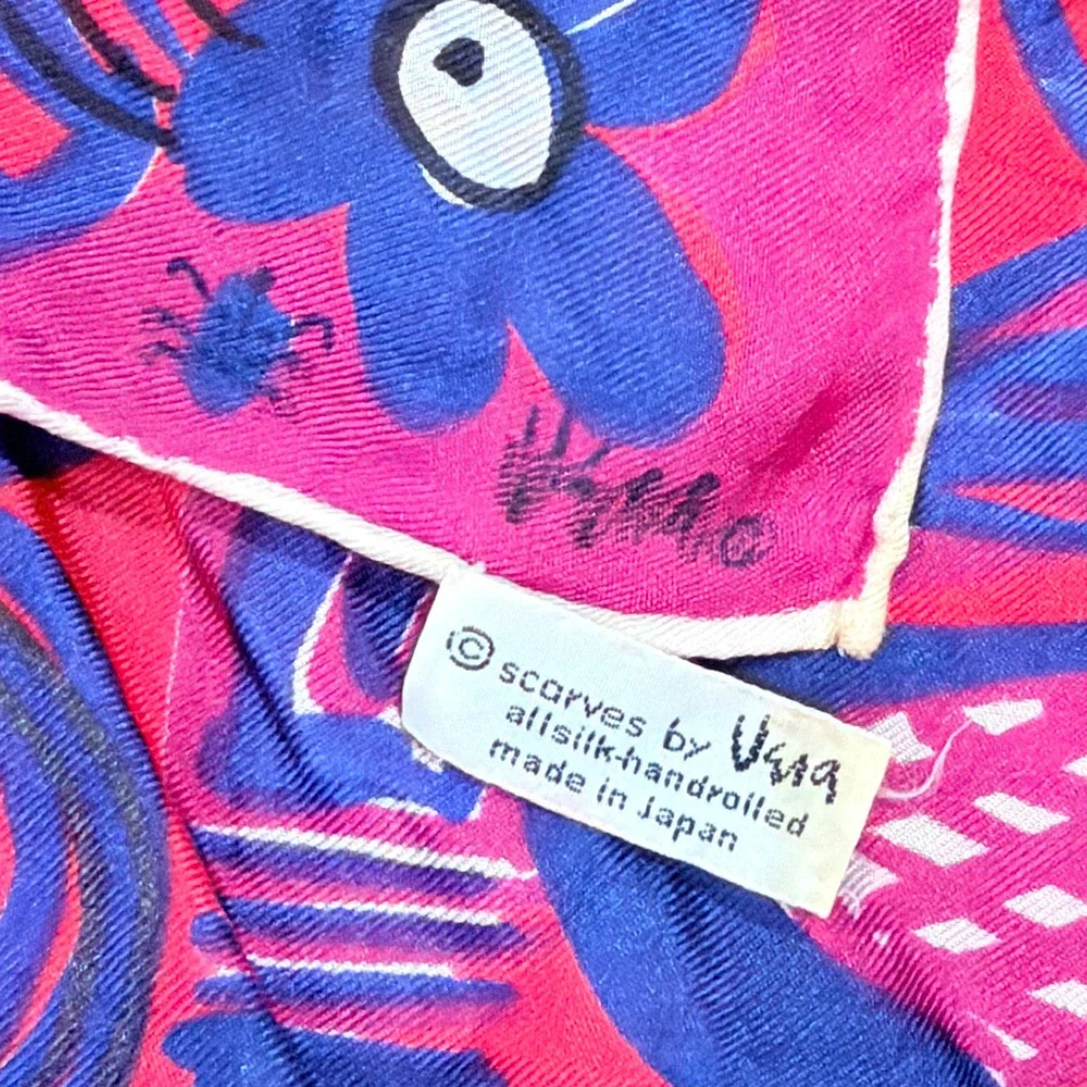 Vera Neumann Vintage 1970s Silk Scarf Pink Floral Mod Hand Rolled Hem Japan bird